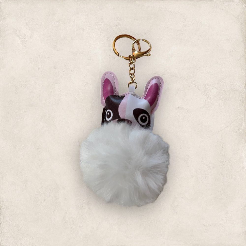 Frenchie Faux Leather Pompom Key Ring Purse Charm